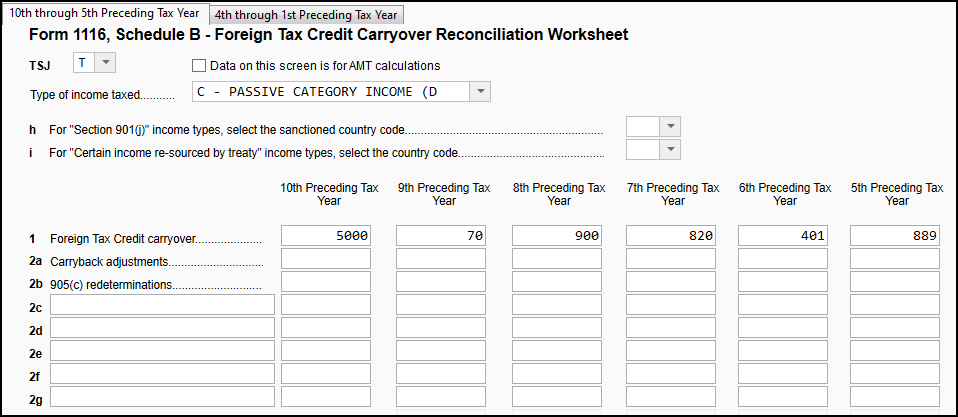 Image of 116B screen with carryover amounts entered.